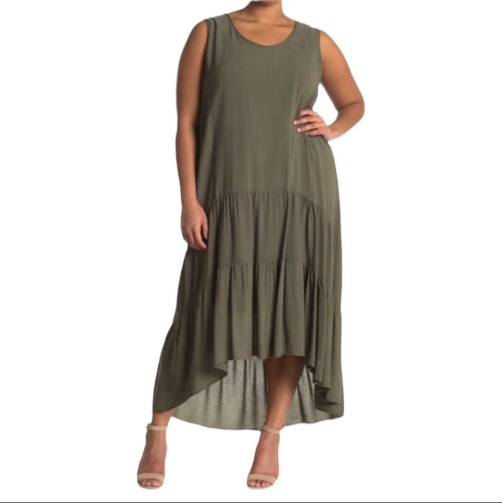 WEST KEI Olive Green Gauzy Sleeveless Midi Dress Size 2X